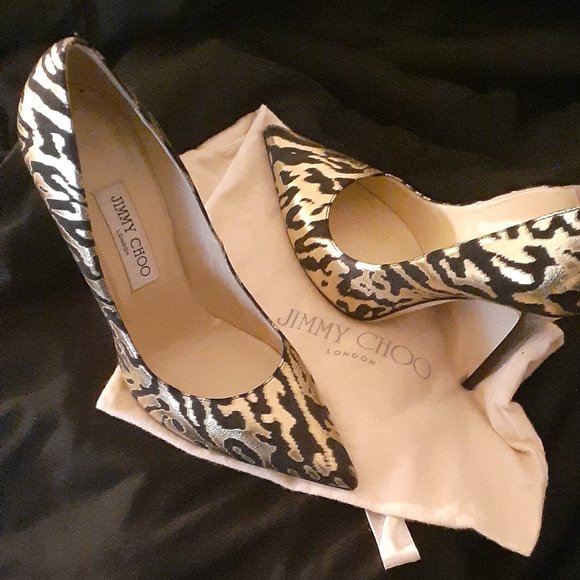 Jimmy Choo Anouk Black/Gold Leopard Print Sz 6 E36